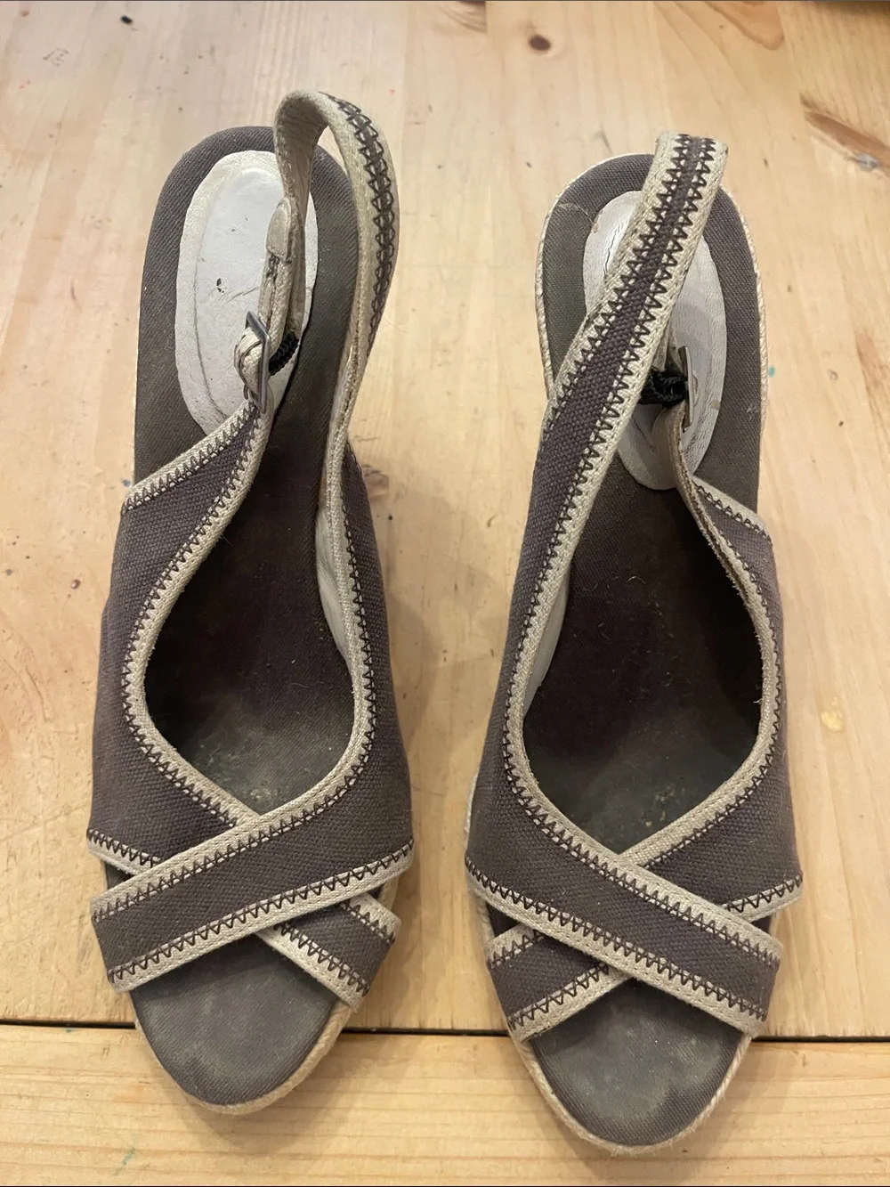 Banana Republic Brown Canvas Wedge Sandals with Cream Trim